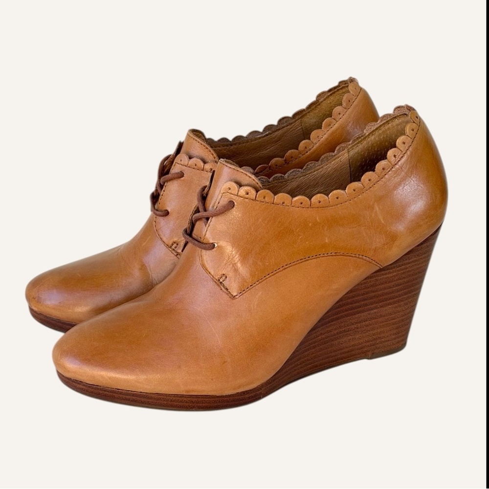 Jack‎ Rogers Olivia Scalloped Wedge Oxford Shoes Cognac Size 8.5 - Picture 3 of 11